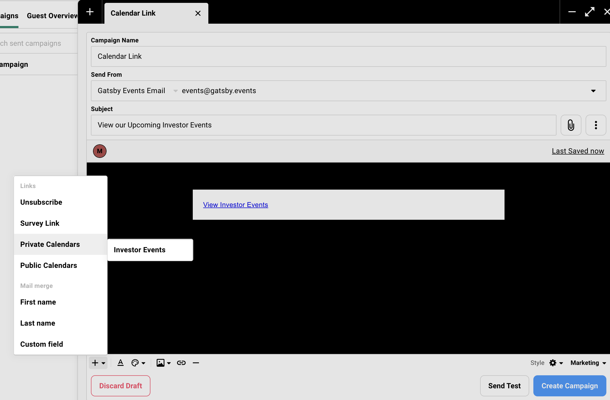 Using a mail merge option in a campaign email to add unique private calendar links.