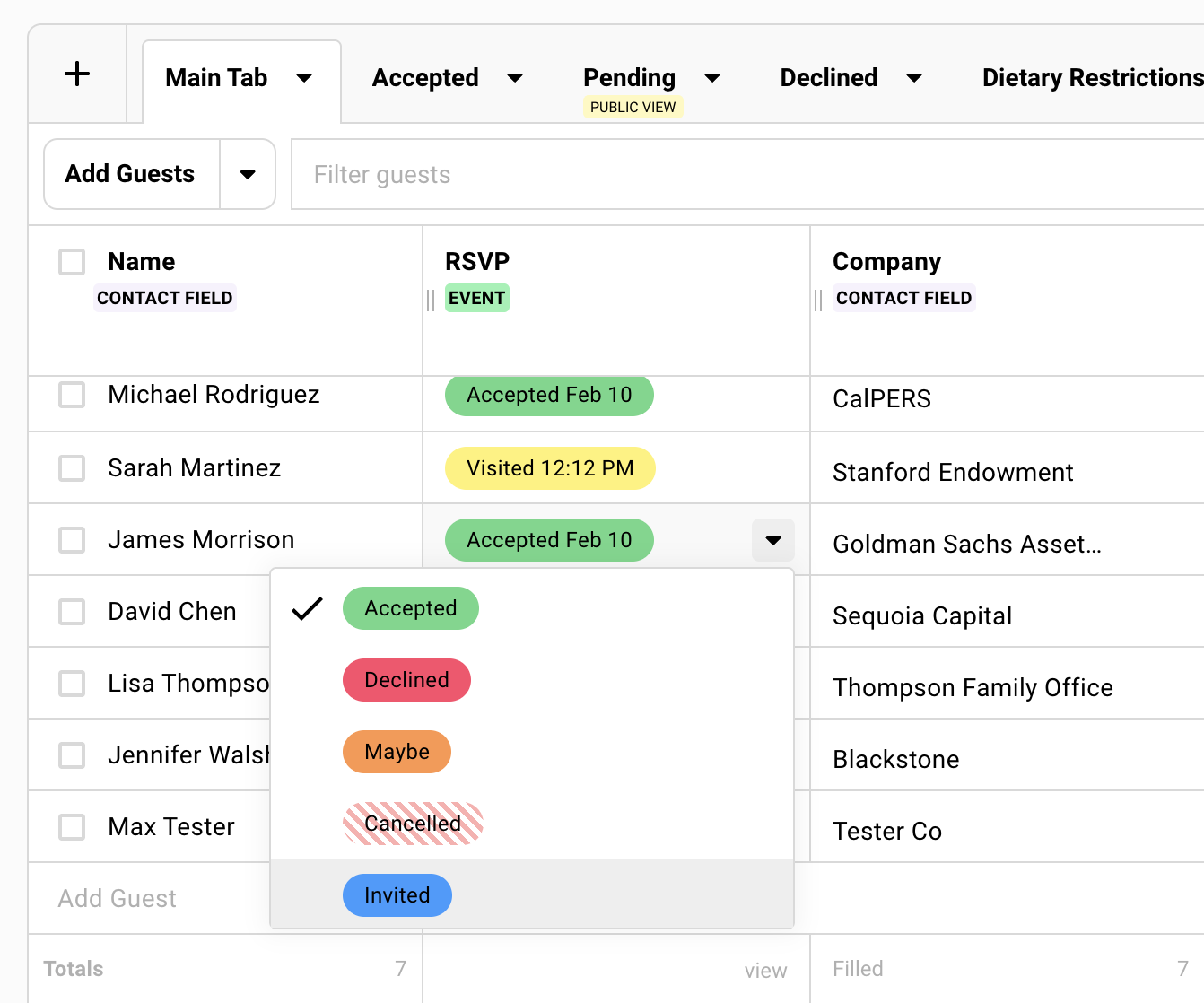 Various RSVP status options on a guest list